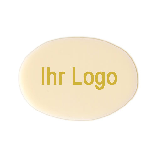 Schokoaufleger, oval, weiß, Logo gold, 2016 St.