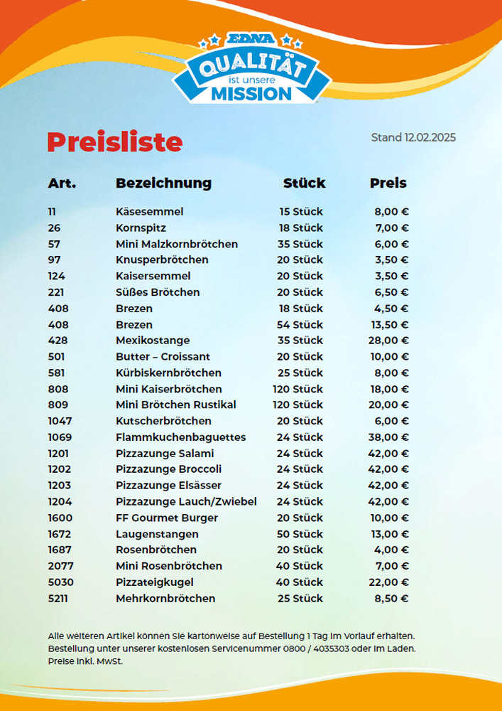 EDNA-Werksverkauf-Preisliste