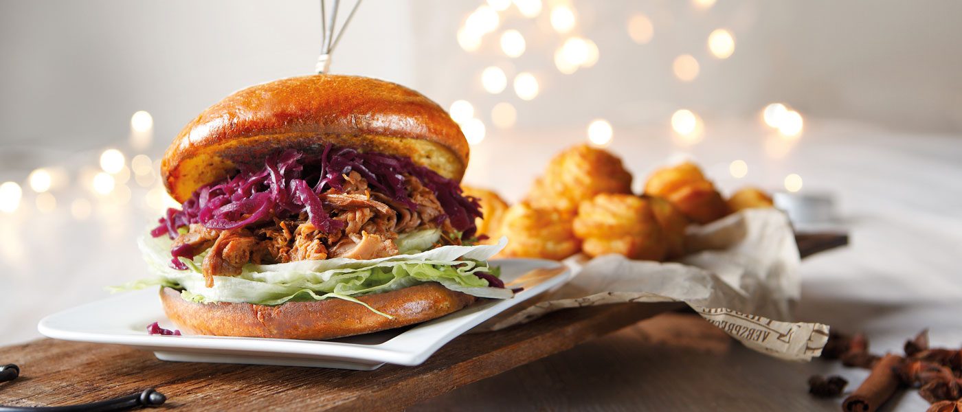 Brioche Burger Weihnachten Winter Kroketten Pulled Pork Rotkraut